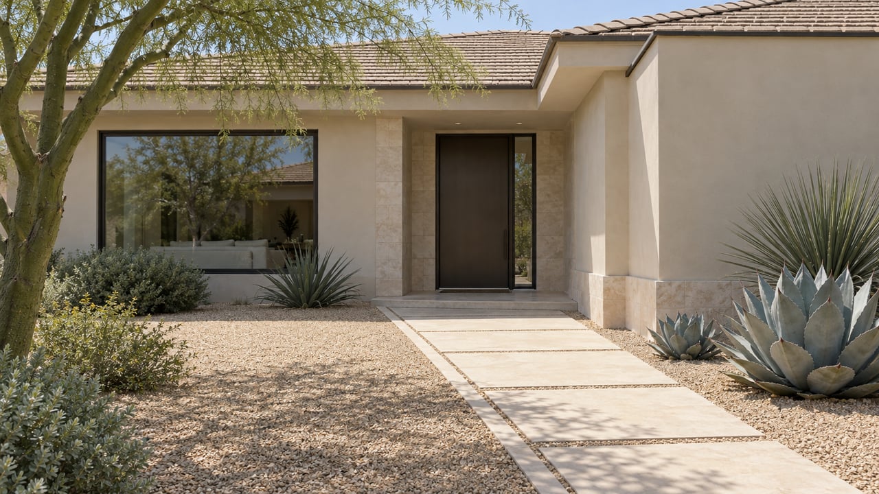 A spacious limestone approach leads to a recessed bronze front door beneath a shallow clay-tile roof, with sculptural desert plants in a gravel garden.