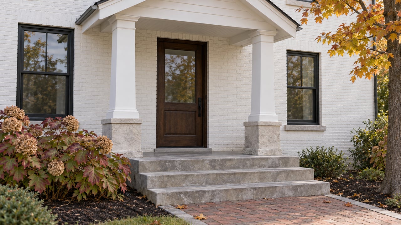 White-painted brick home with a dark oak front door, black-framed windows, limestone porch steps and autumn oakleaf hydrangeas.