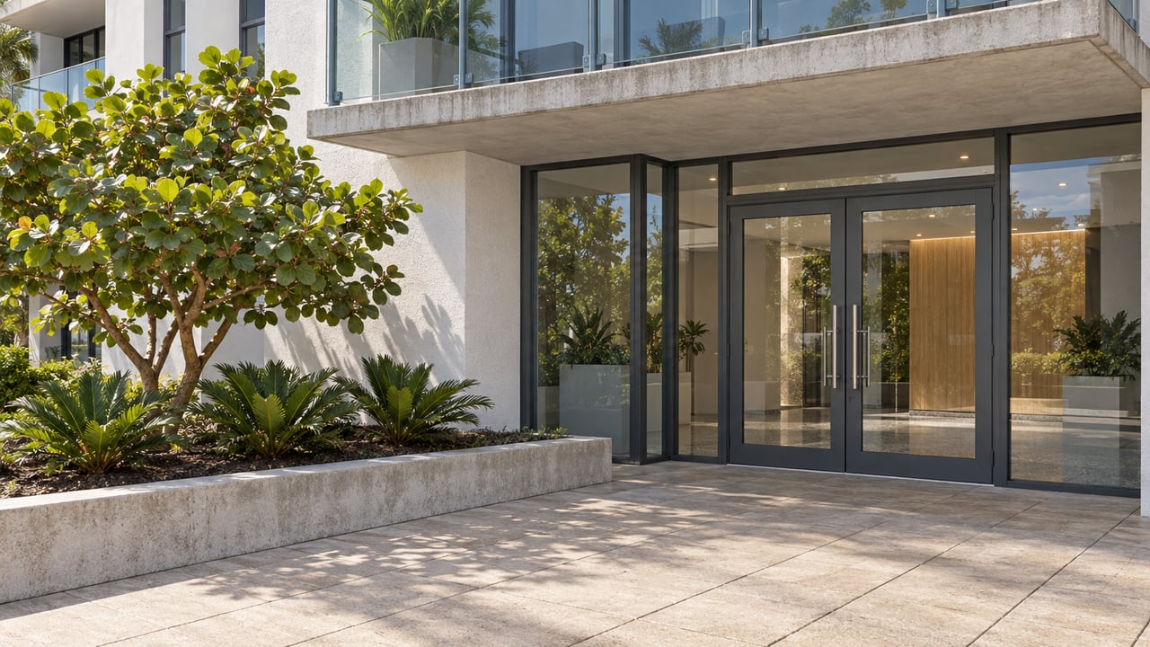 Modern condominium entrance with blue-gray glazing, a concrete balcony and a raised bed of sea grape and coontie.