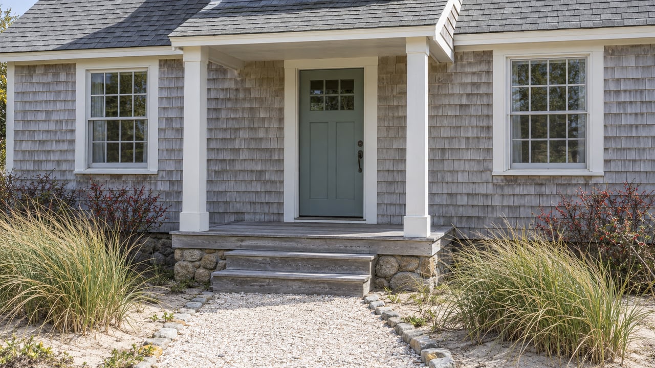 Weathered cedar-shingle cottage with a recessed porch, timber steps, and a shell-aggregate path through beachgrass.
