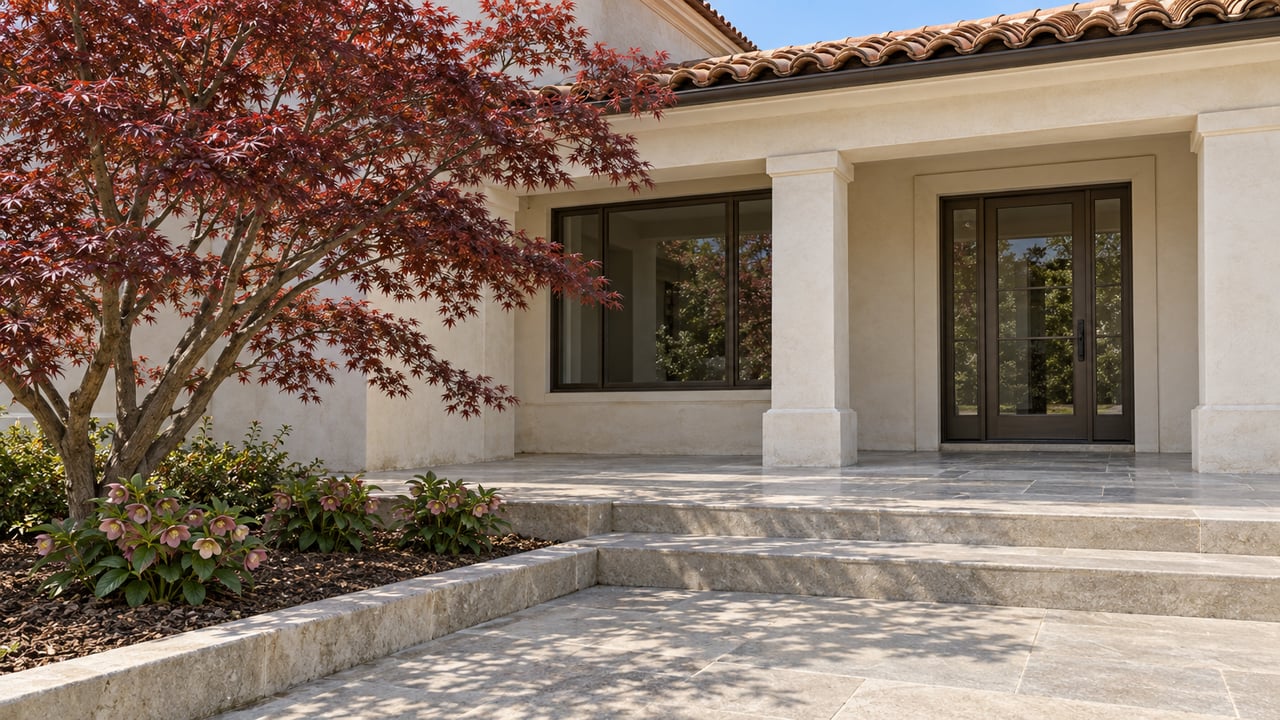 Cream stucco home with a terracotta porch roof, bronze-framed entry, limestone steps and a wine-red Japanese maple.