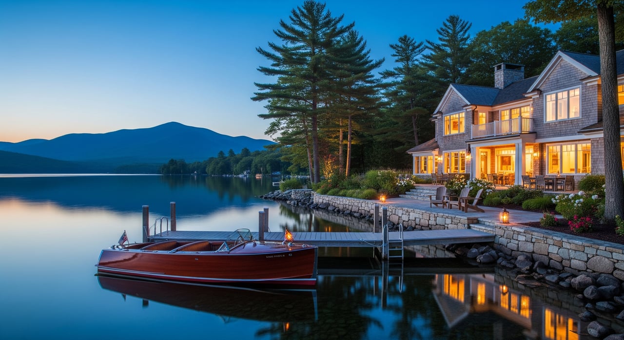 Wooden motorboat moored beside a lit lakeside house, with forested mountains reflected in the water.
