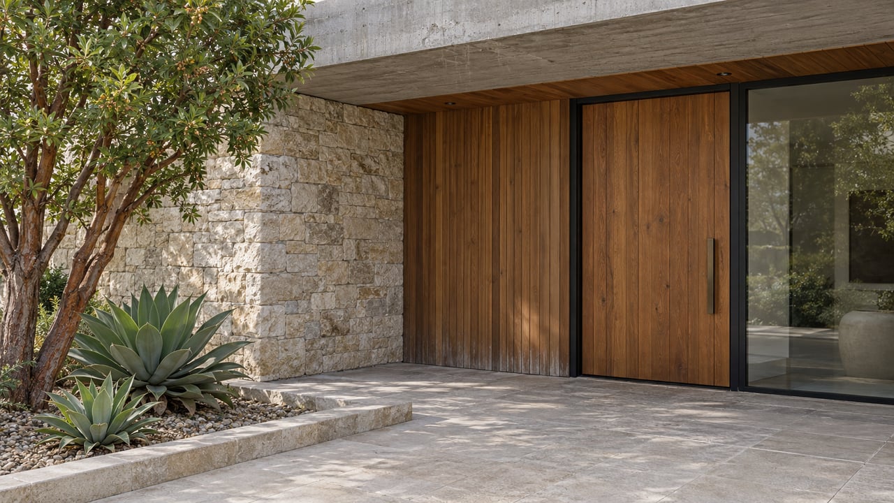 Elevated view of a contemporary home's cedar entrance, charcoal-framed glass, limestone landing and sculptural planting beneath a concrete canopy.