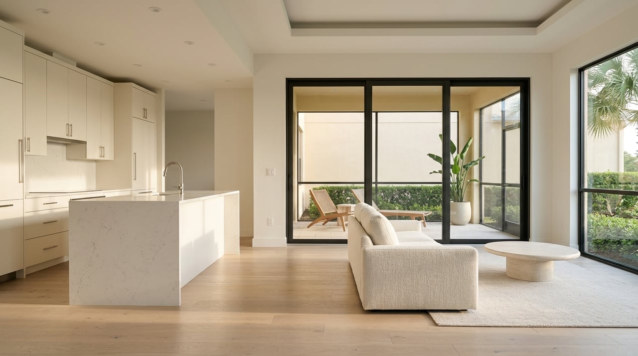 Coastal modern living room with a sofa, streamlined cabinetry, and a view through sliding doors.