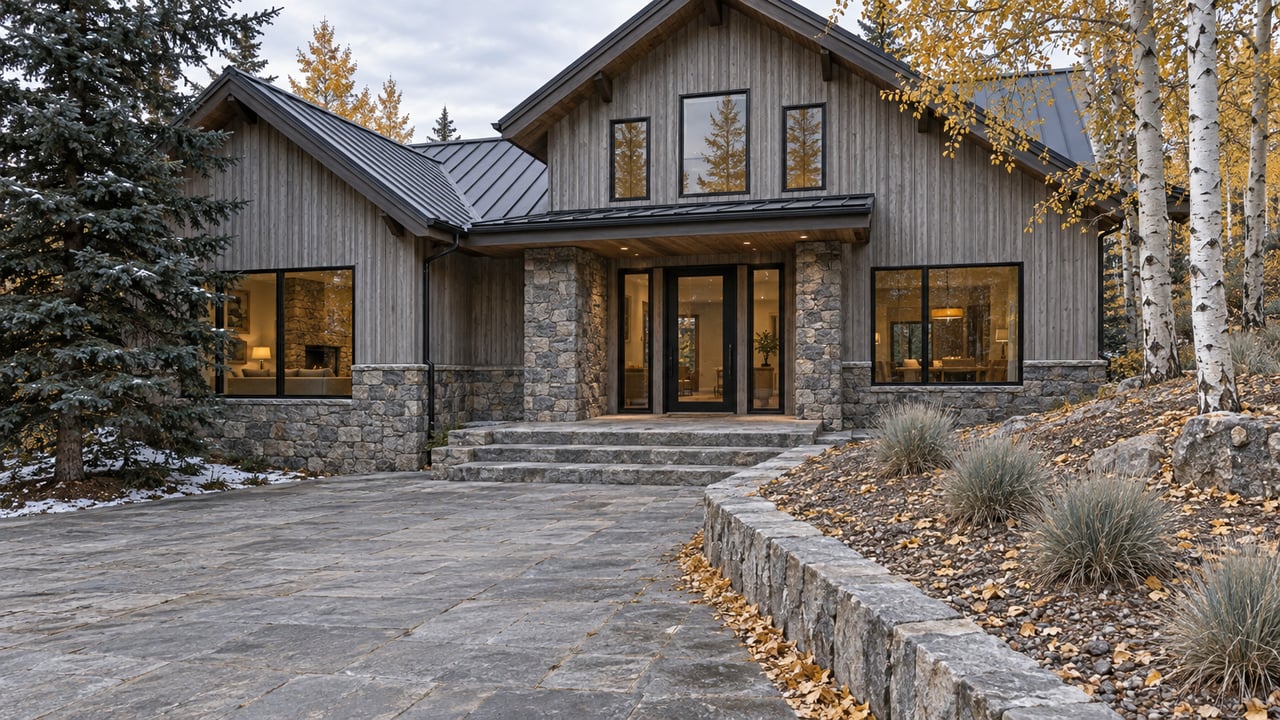 Timber-and-stone home with pitched metal roofs, a broad stone approach, gold-leaved aspens and traces of snow in shaded planting.