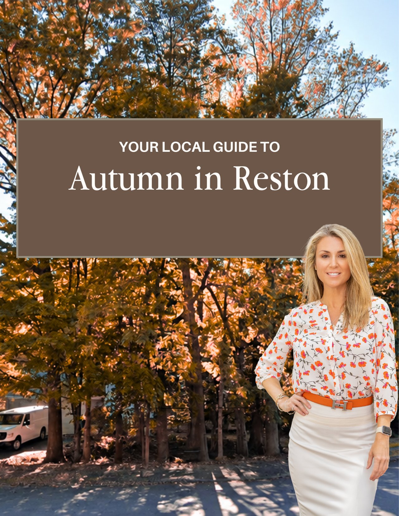 Autumn in Reston community guide featuring a woman against a tree-lined street in fall colors.
