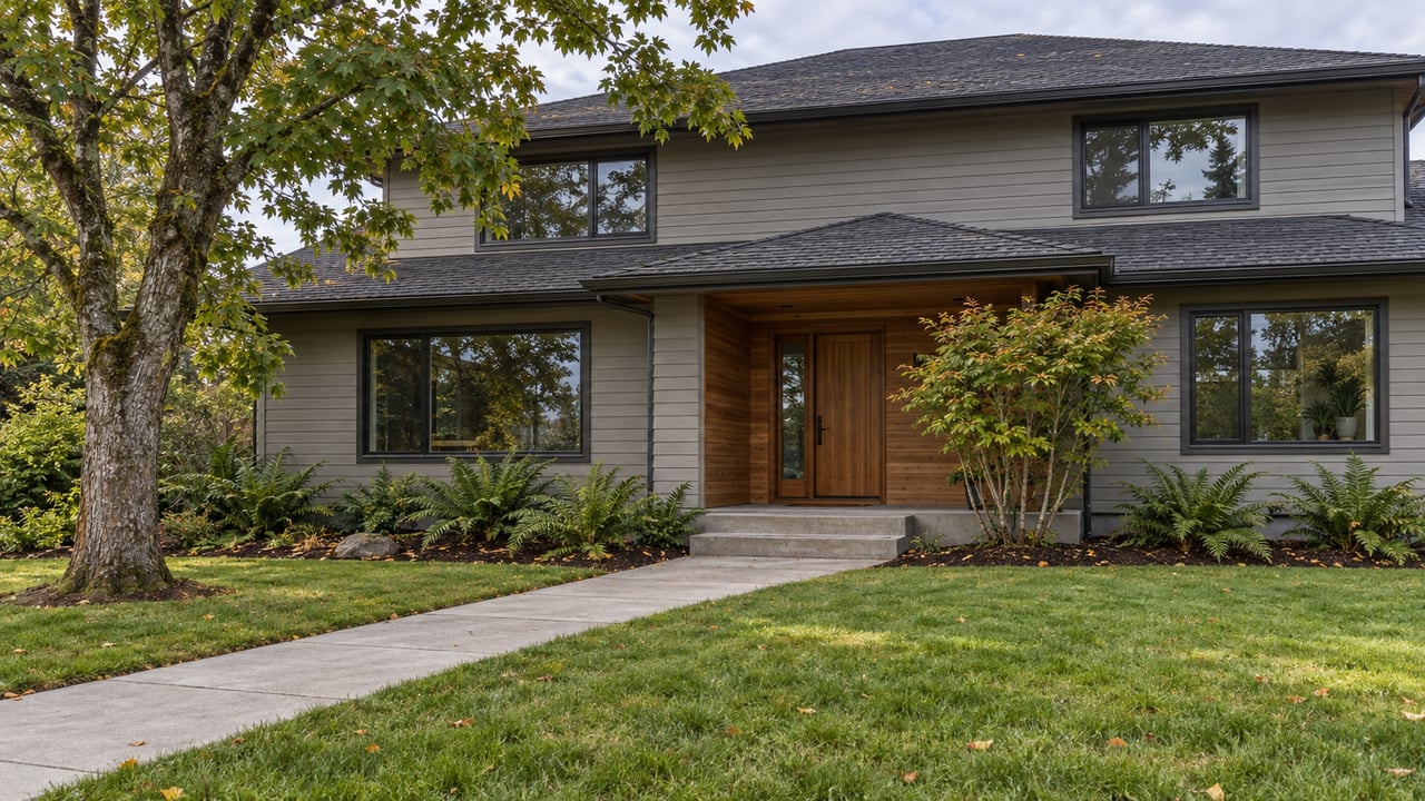 A gray-sided two-story home with a cedar entry, deep front lawn, concrete approach and mature maple.