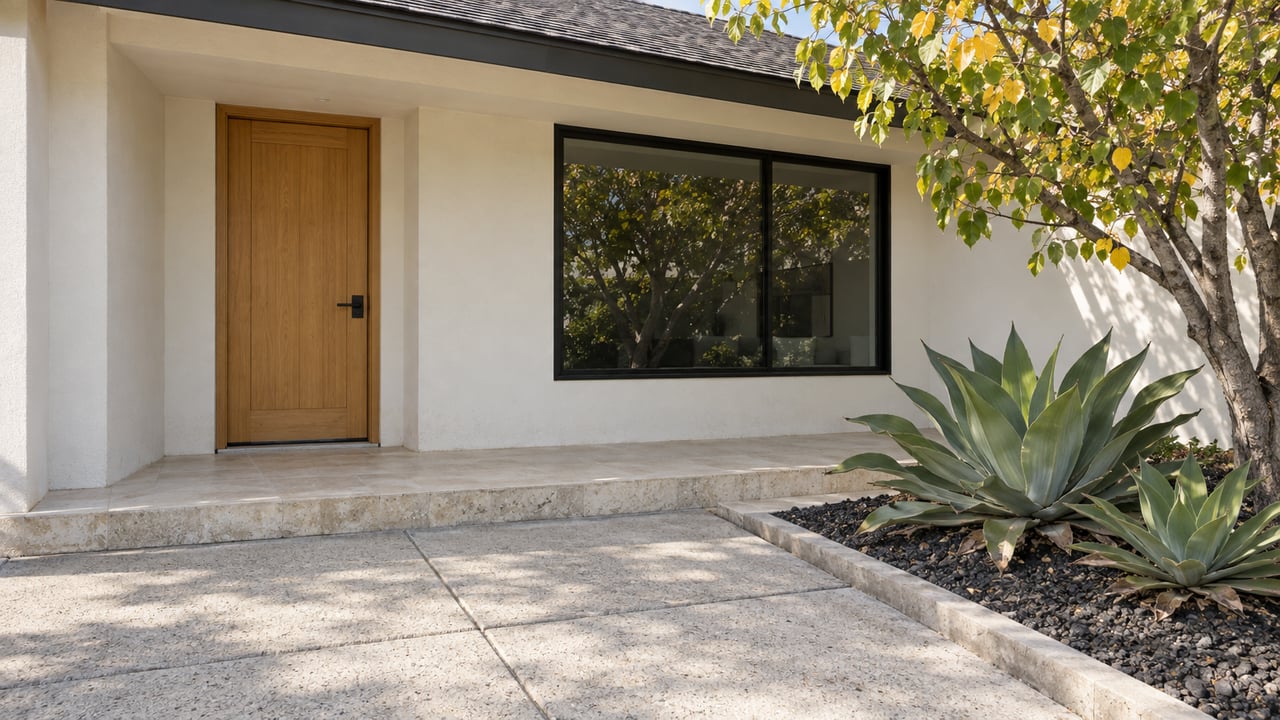 Sunlit single-story home entry with a honey-wood door, pale stone porch, black-framed window, western redbud, and two sculptural agaves.