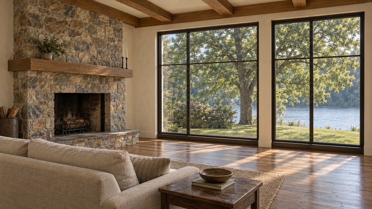 Living room with a fieldstone fireplace, oak beams, tall windows, and a wooded lawn beside a narrow strip of water.