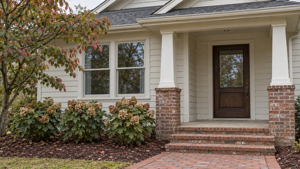 Close view of an updated white-sided house with a covered brick entry, paired windows, a flowering dogwood tree and oakleaf hydrangeas.