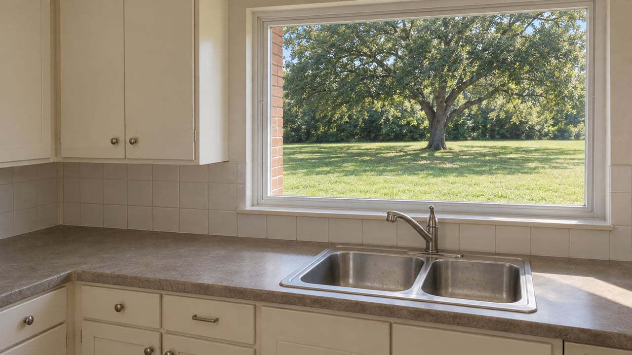 Kitchen window overlooking a broad lawn and mature oak tree