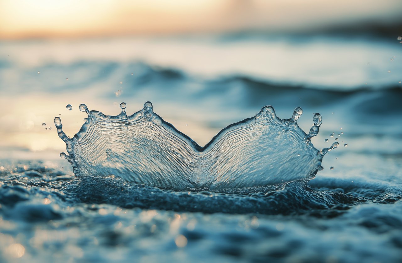 Close-up of a wave splash forming a symmetrical shape, with the ocean and a soft sunset in the background, reminiscent of how real estate agents shape their careers on this dynamic platform.