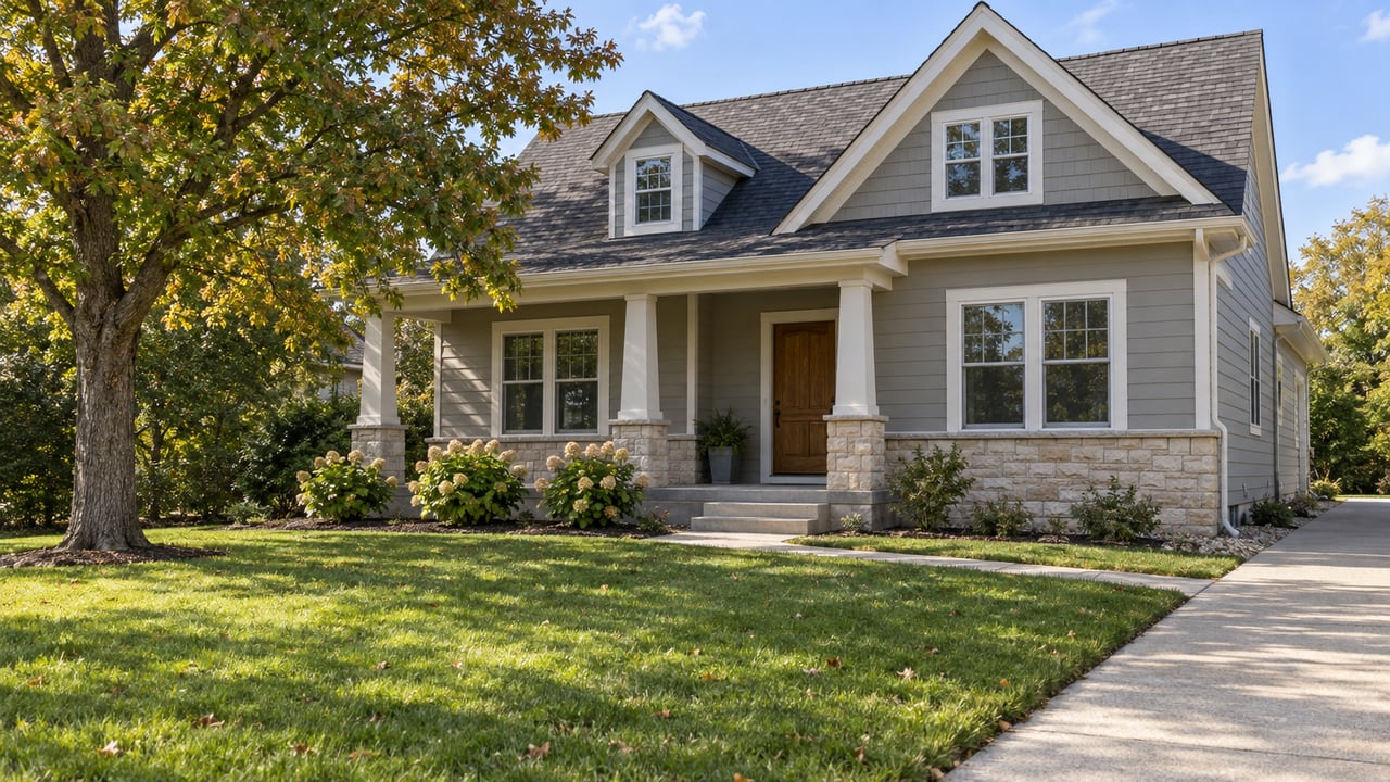 Traditional gray-sided home with steep gables, a covered porch, mature oak, and generous front lawn in early autumn sunlight.