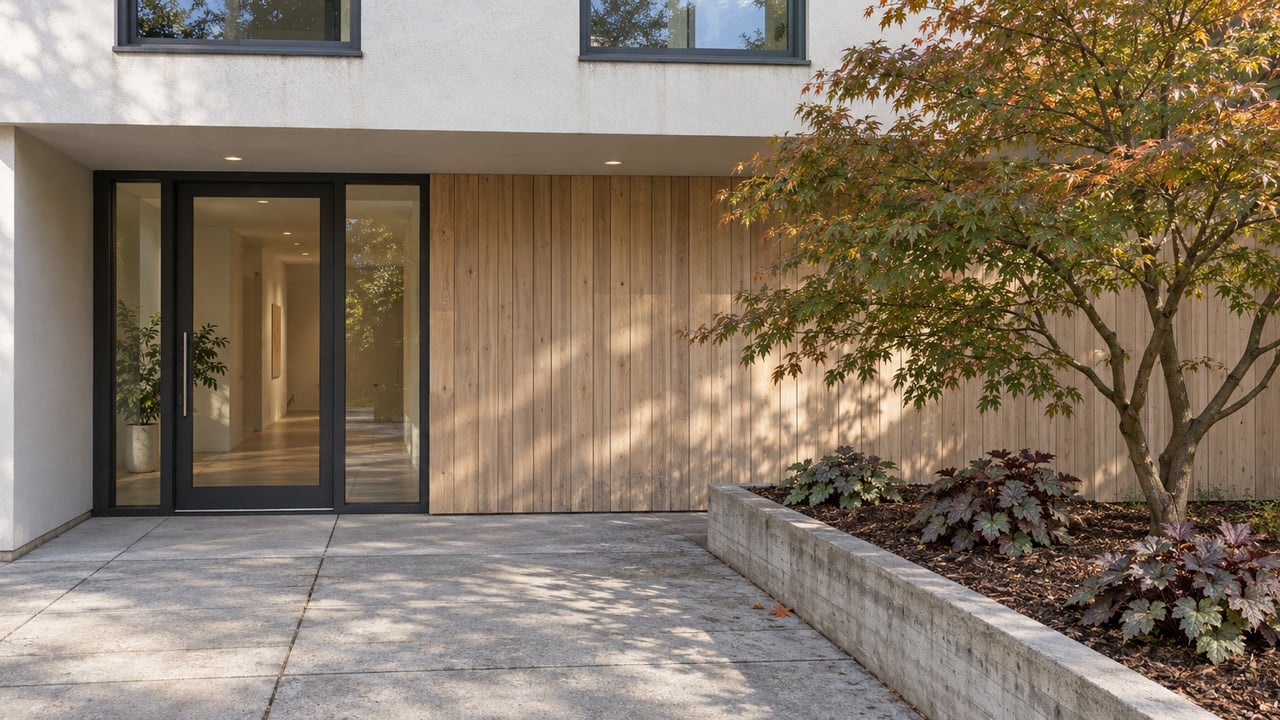 Contemporary residential entrance with pale cedar siding, charcoal-framed glazing and a maple growing in a raised concrete planting bed.