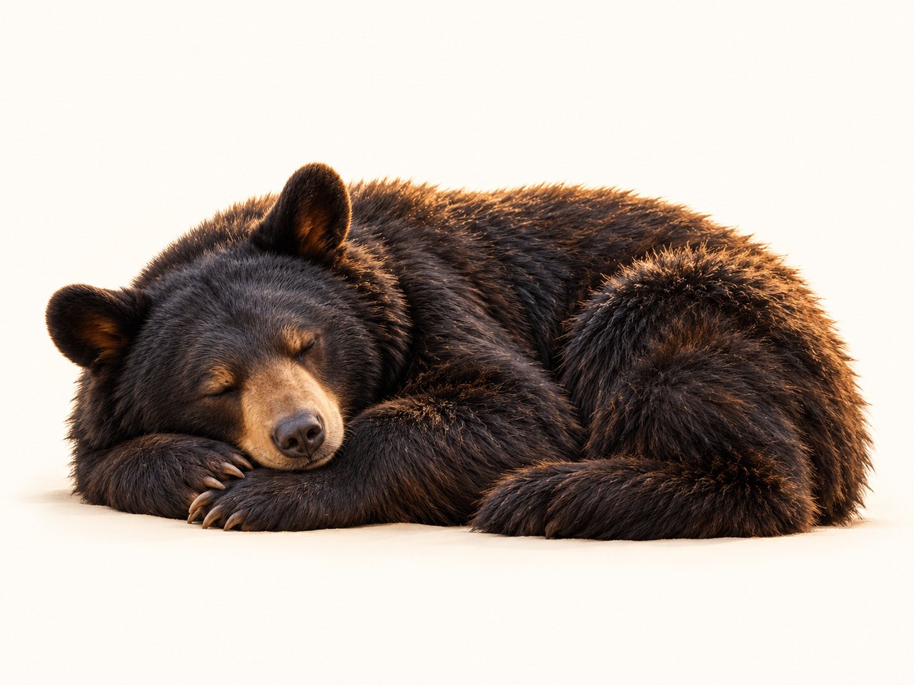 A black bear sleeps curled up with its head resting on its forepaws.