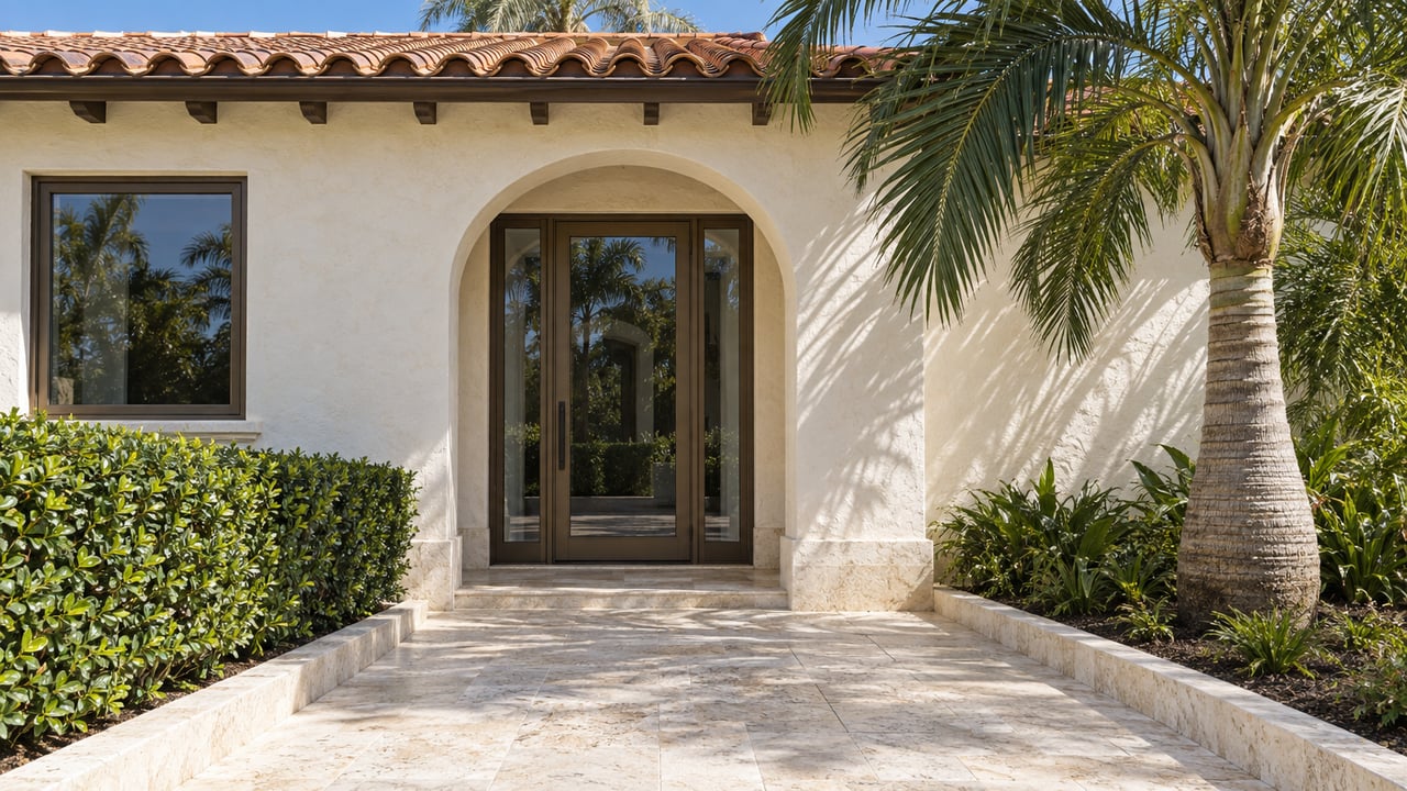 Cream stucco arched entry with bronze-framed glass, weathered limestone paving, a sculptural palm and clipped green hedge.