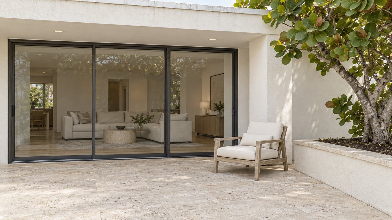 Sunlit stucco terrace with closed glass doors, shell-flecked limestone paving, a teak lounge chair and a broad-leaved sea grape tree in a raised masonry bed.