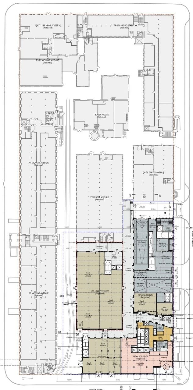 Ground floor plan of the proposed Carpet Factory redevelopment showing retail, hotel and residential lobbies and pedestrian laneways