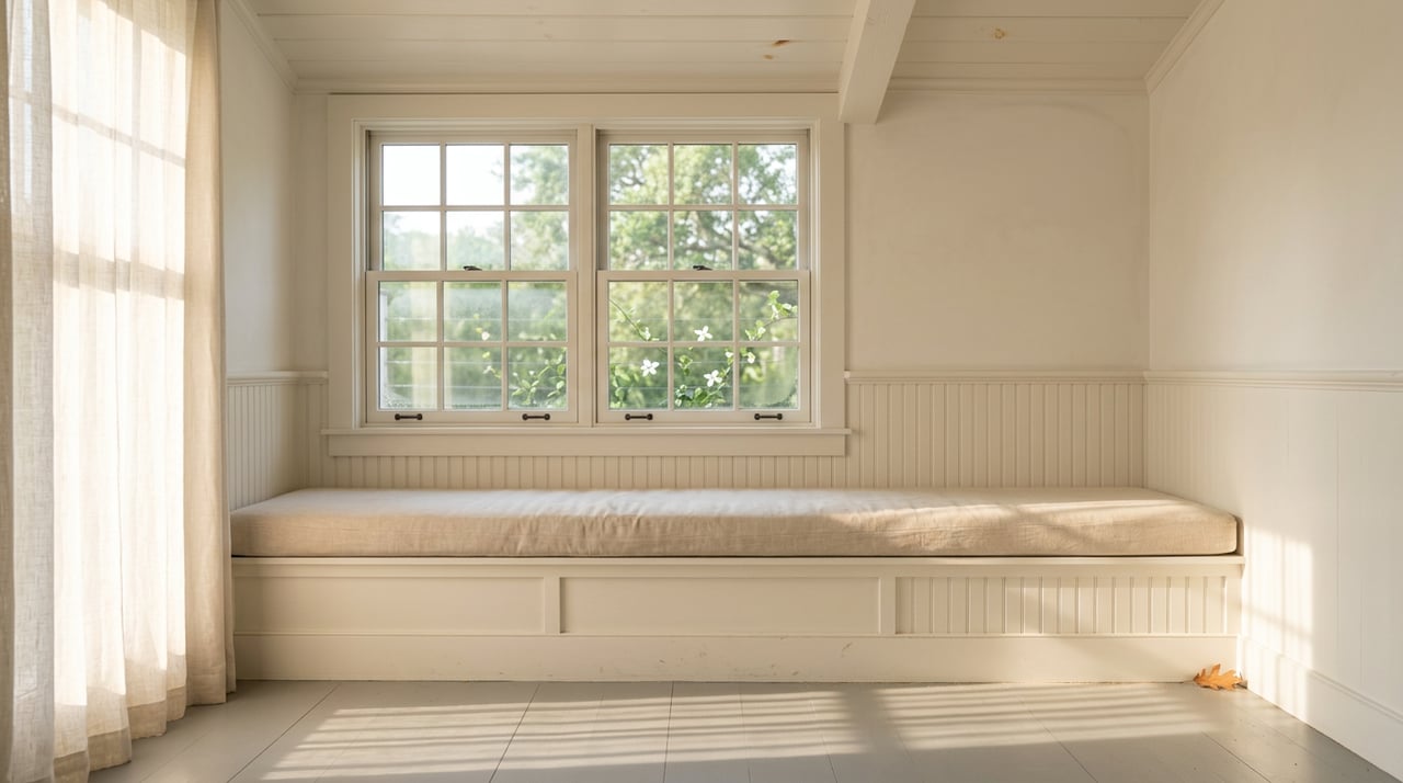 Built-in window seat beneath a divided-lite window, with soft green foliage outside and diagonal shadows across the gray floor.