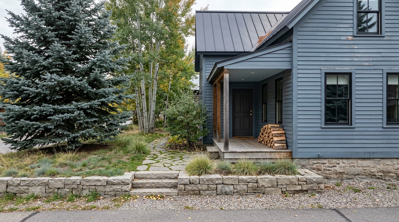 Slate-blue clapboard house above a stone retaining wall, with a rising flagstone path, blue spruce, and golden-edged aspens.