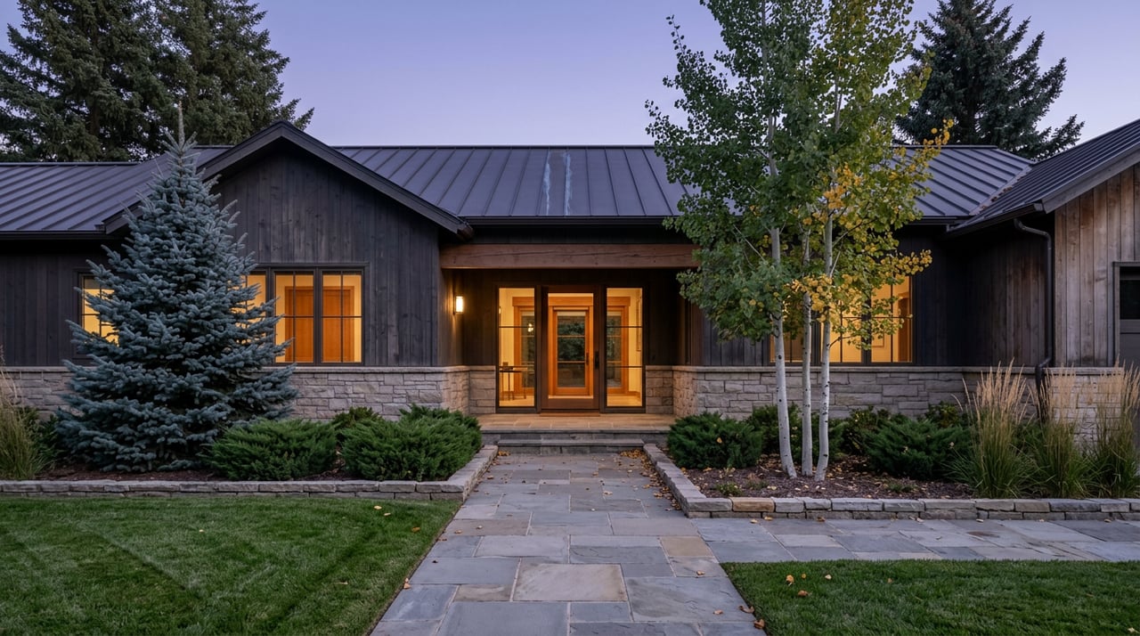 Mountain home entry with stone base, cedar siding, glowing windows, flagstone path, spruce, and golden aspens at dusk.