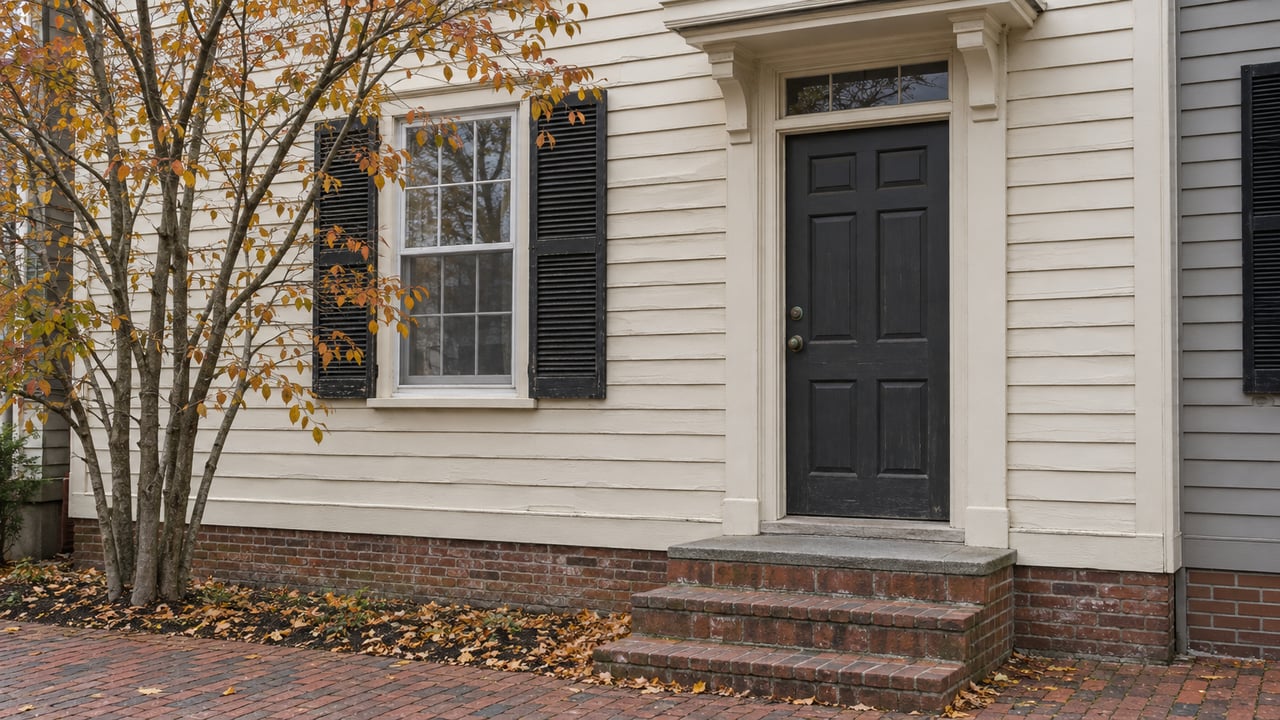 Cream clapboard townhouse with dark door, brick steps, and a small copper-leaved tree.