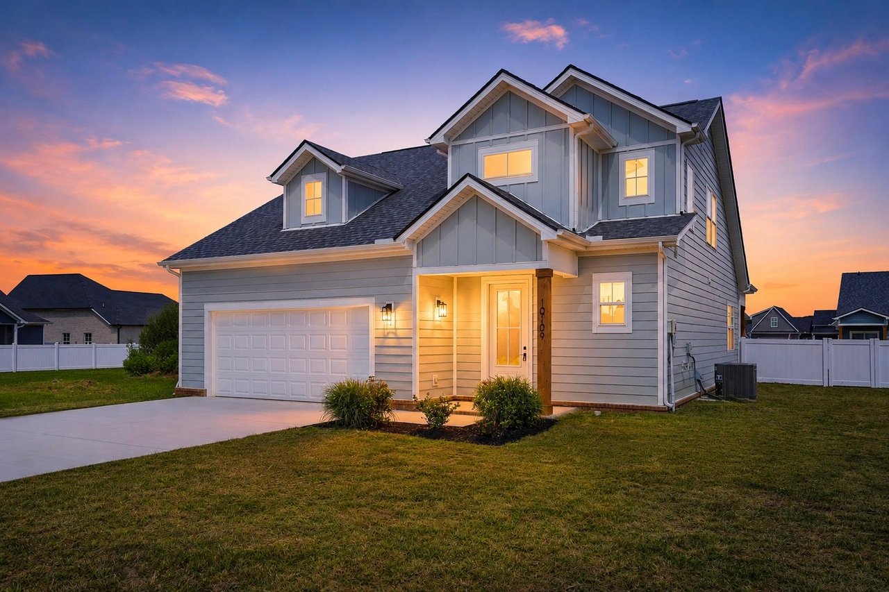 Two-story gray home with an attached garage and warmly lit porch at sunset.