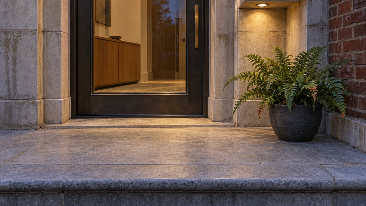Stone building entrance with a dark-framed glass door and a potted fern beside the steps.