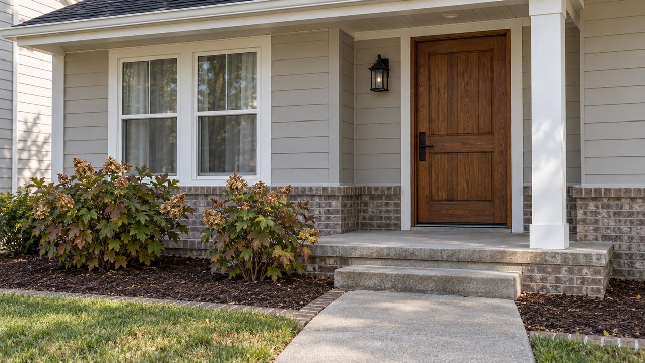 Home entrance with a dark wooden door, brick steps, and landscaped shrubs.