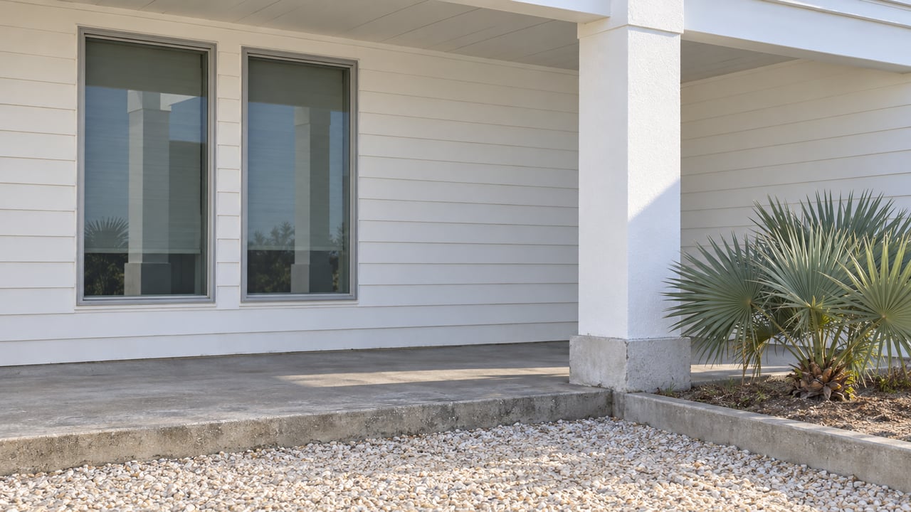Close view of white lap siding and paired windows beneath a covered porch, with a square masonry column, shell-gravel approach, and one silver saw palmetto.