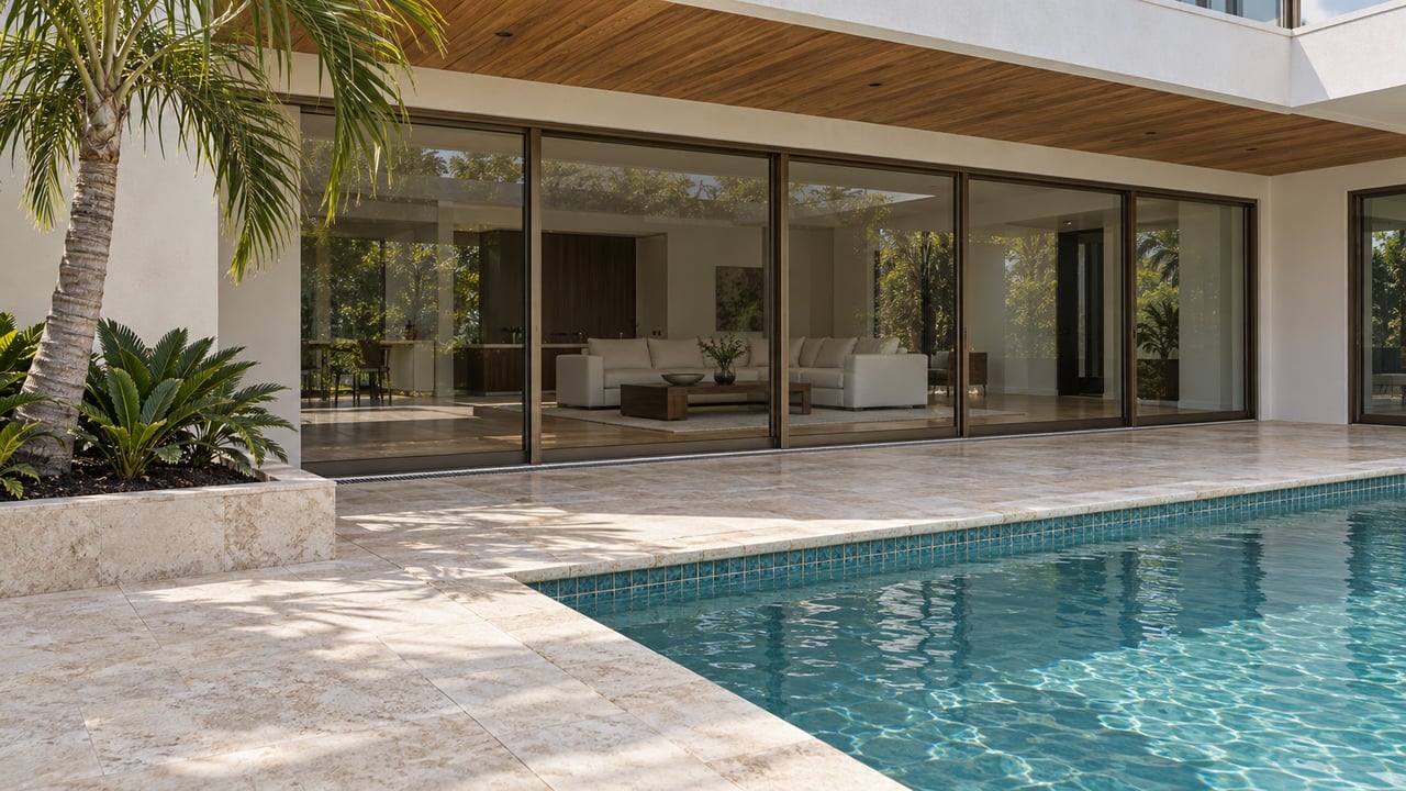 White stucco home enclosing a private pool court, with limestone paving, warm wood soffits, bronze-framed glass doors and a sculptural palm.