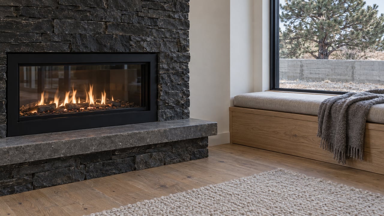 Dark stone fireplace beside an oak window seat, with winter morning light falling across a wool rug and worn oak floor.