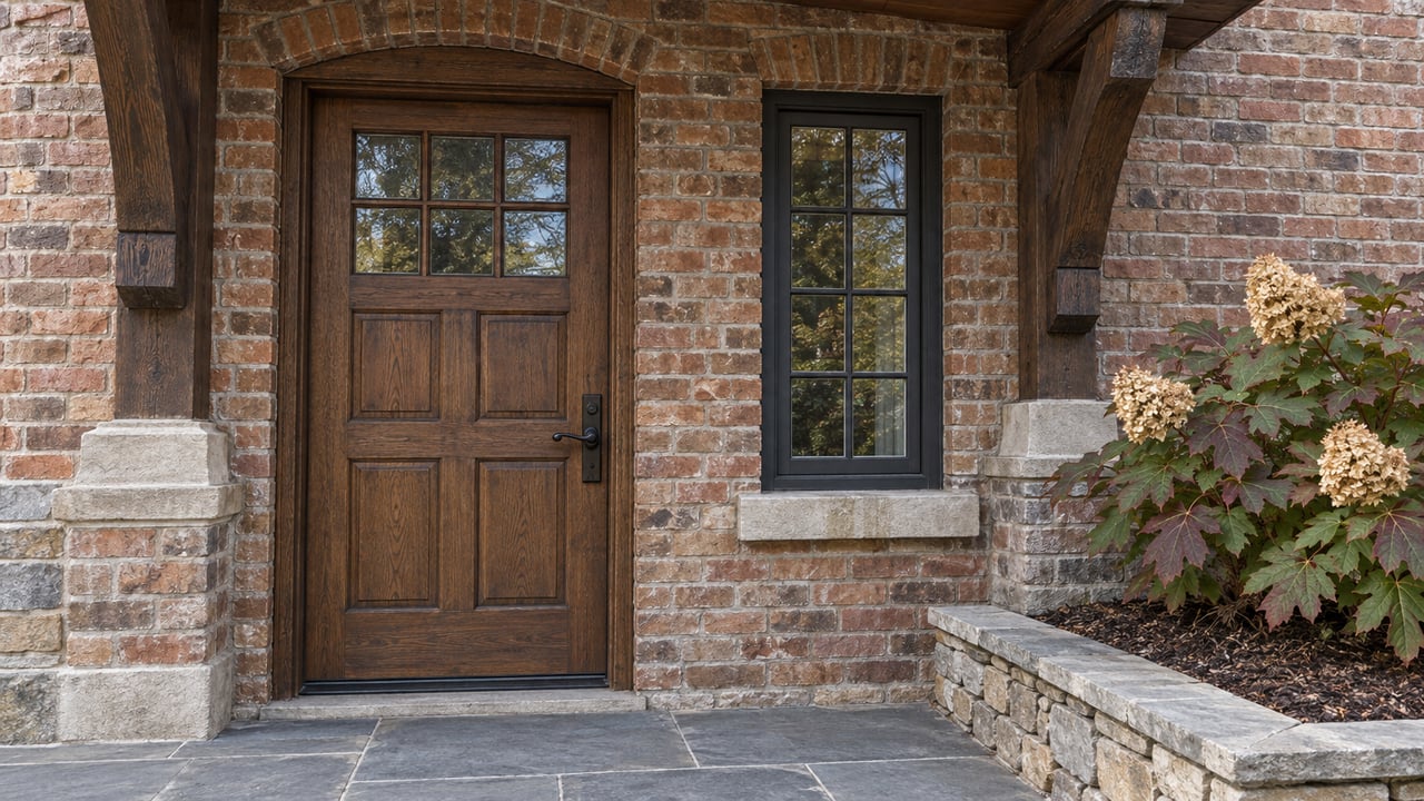 Sheltered oak front door with multi-pane glazing, weathered brick and stone, and oakleaf hydrangea beside a bluestone landing.