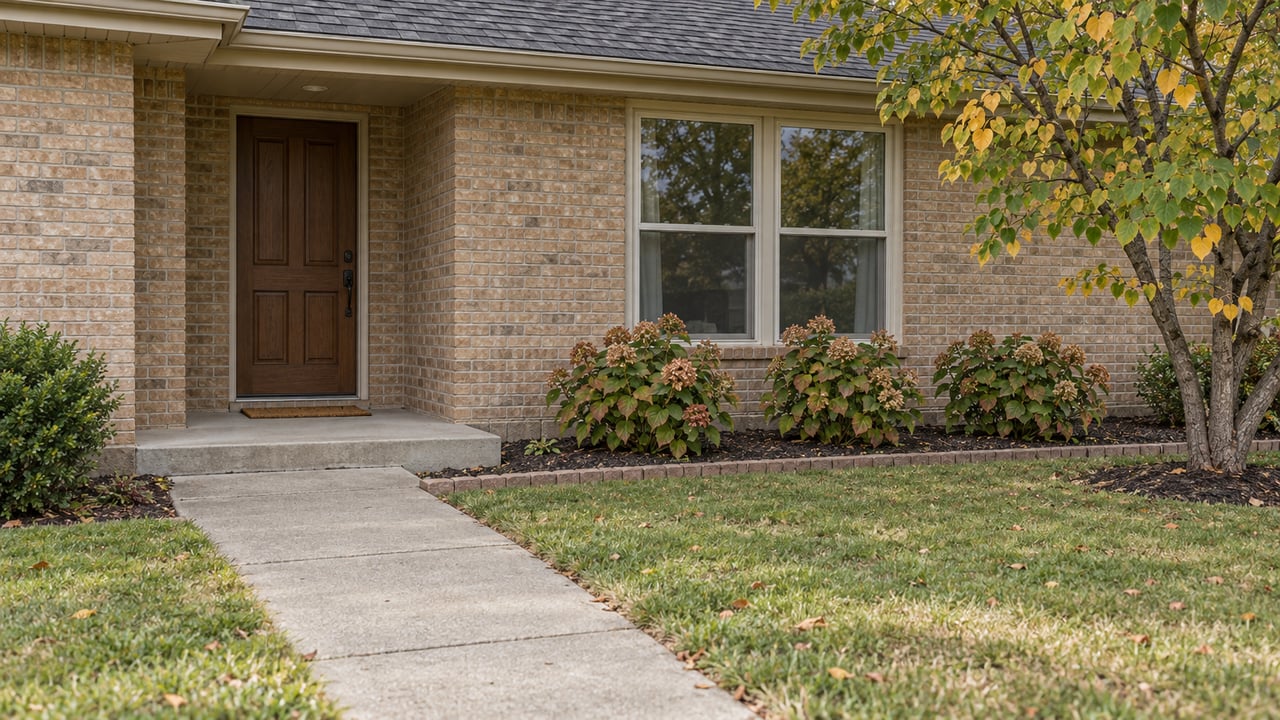 Buff-brick home with a recessed wood front door, paired window, concrete entry walk and early-autumn planting.