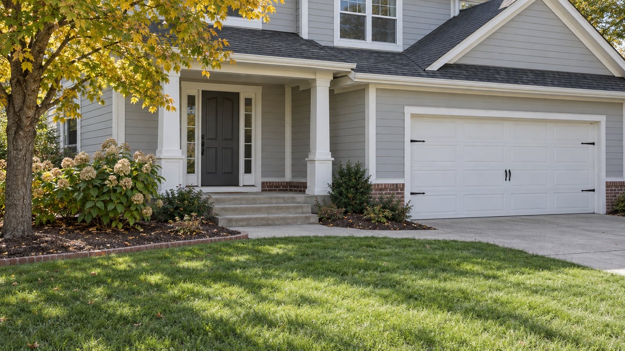 Gray lap-sided home with a covered entry, white garage door, deep green front lawn and a yellowing maple in soft daylight.