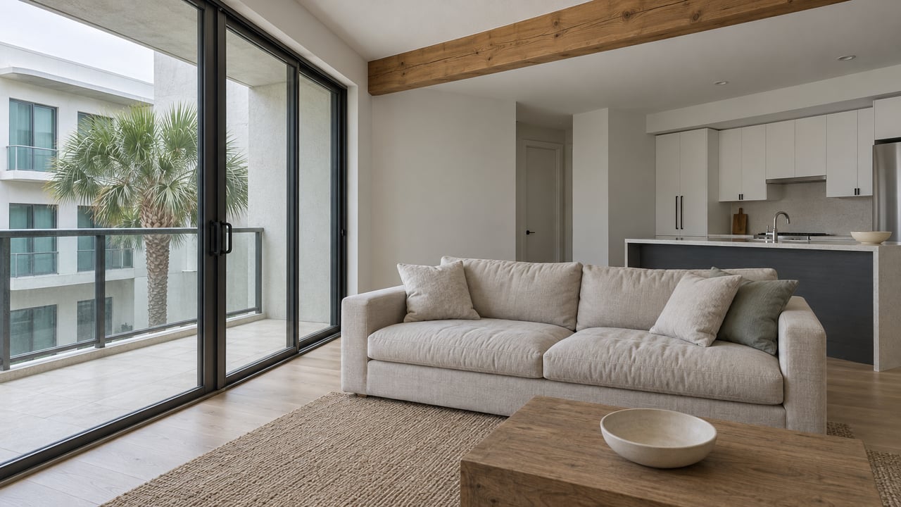 Bright condominium living room with pale oak floors, a linen sofa, white kitchen cabinetry and glass balcony doors overlooking a palm and white stucco facade.