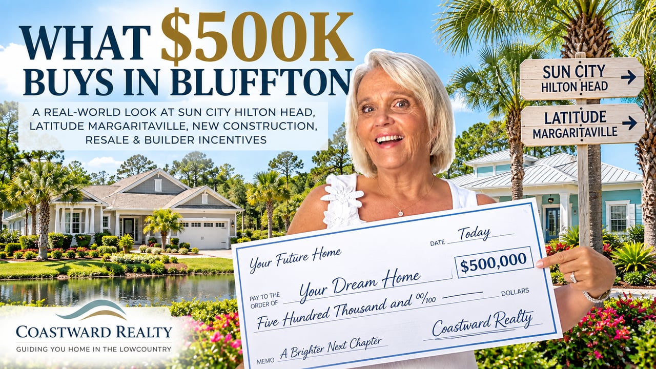 Graphic about what $500,000 buys in Bluffton, featuring a woman with an oversized check and Lowcountry homes.