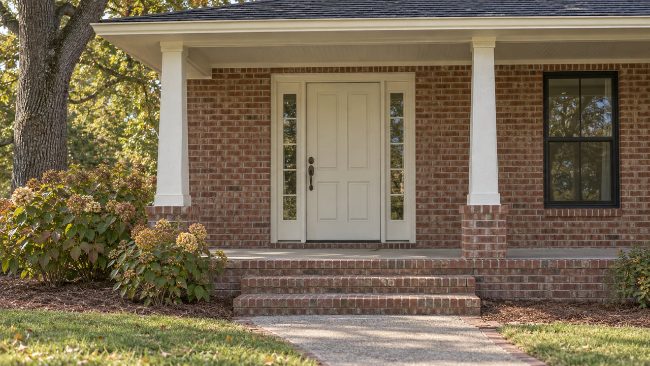 Brick home entry with cream door, paired white porch posts, broad brick steps and oakleaf hydrangeas in soft afternoon light.