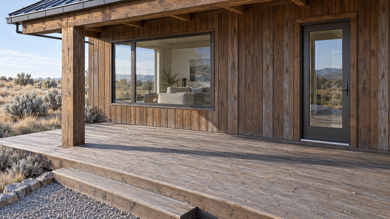 Weathered timber deck and wood-sided home with a glazed entry, picture window, and dry sagebrush planting beside a gravel landing.