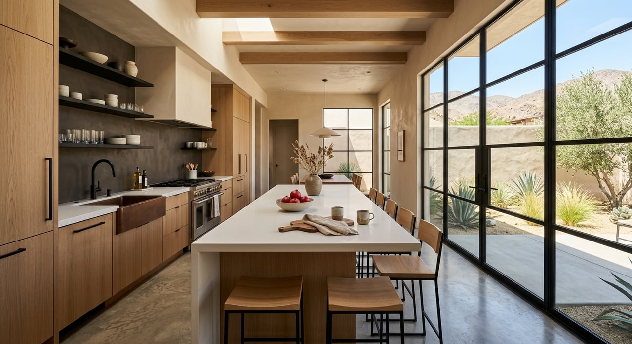 Quartzite waterfall island with black stools, dark stone backsplash, and desert plants visible through glass doors.