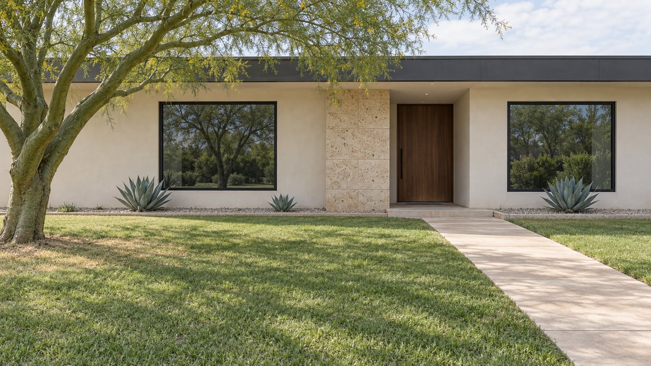 A low contemporary home with ivory plaster, limestone, black-framed windows and a deep front lawn beside a sculptural green-trunked tree.