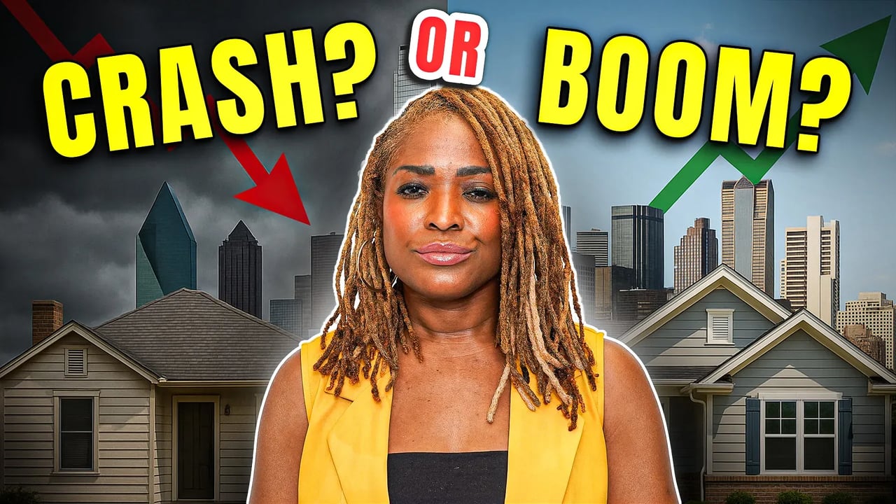 Dallas housing market graphic asks “Crash or boom?” beside a woman, homes, skyline, and opposing arrows.