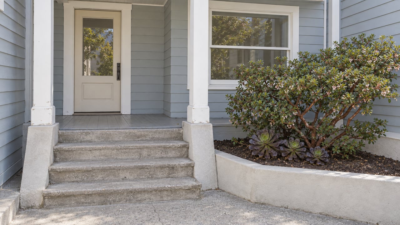 Pale blue-gray home with a sheltered porch, worn concrete entry steps, and a raised bed of manzanita and aeonium.