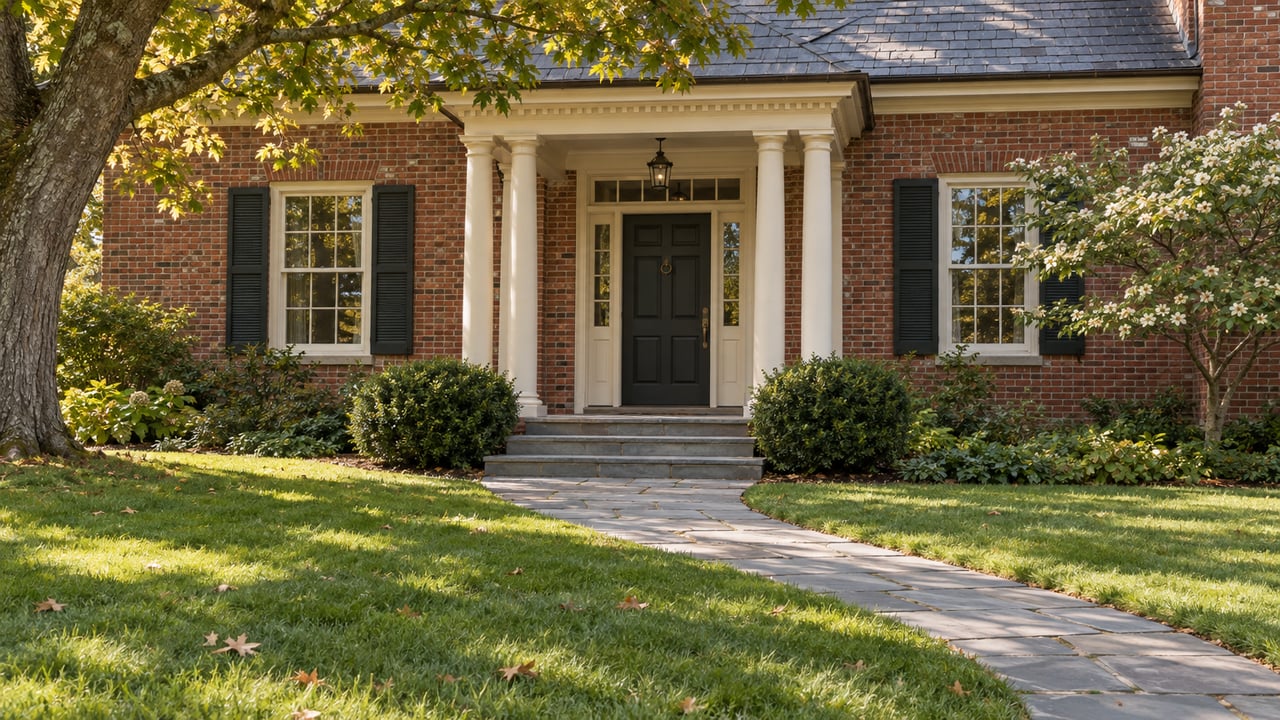 Red-brick house with a columned porch, curving stone walkway, broad lawn, and mature oak canopy.