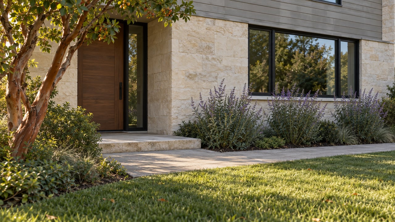 Contemporary home with pale limestone walls, warm gray siding, and a walnut door beside a garden path.