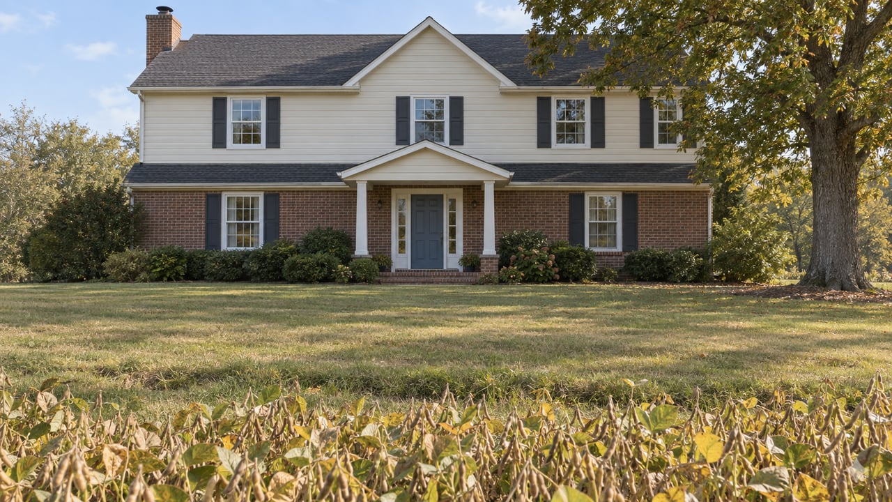 Two-story brick-and-cream house beyond a soybean field and broad lawn, with an oak tree at the right.