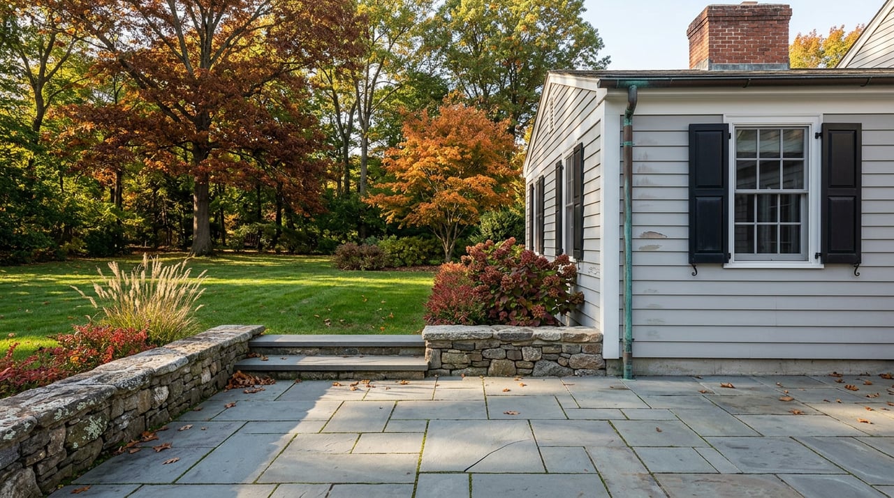 Rear terrace of a gray clapboard house with bluestone steps, autumn lawn, and russet and gold trees.