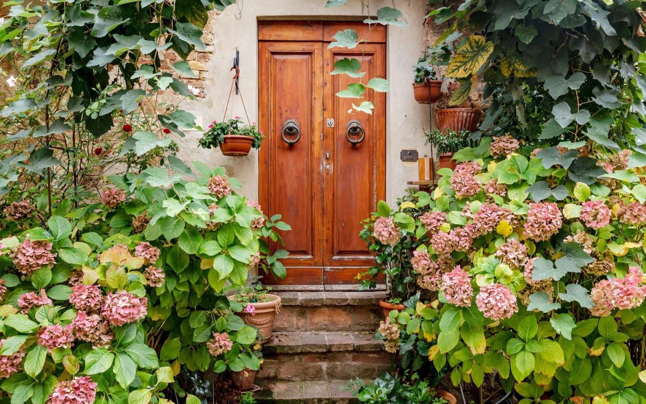 Wooden double front door framed by pink hydrangeas, leafy vines, and stone steps.