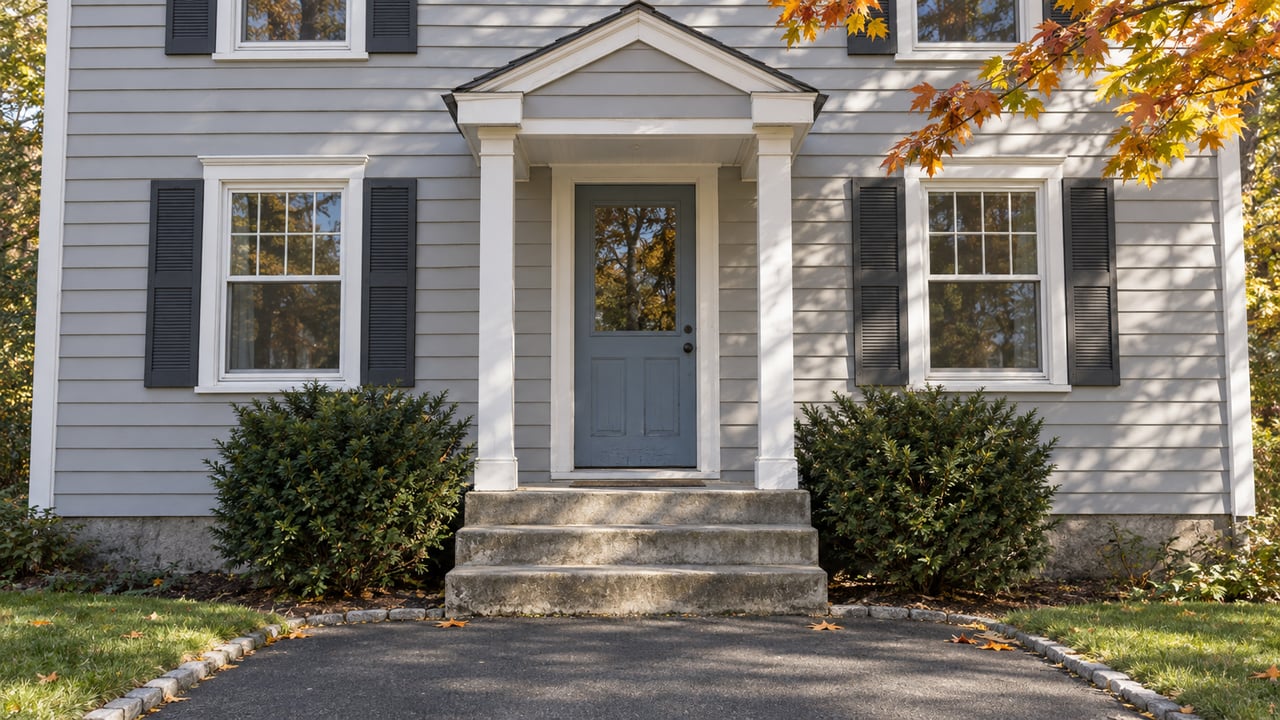 Gray clapboard home with a modest white portico, blue front door, weathered concrete steps and yellow maple leaves.