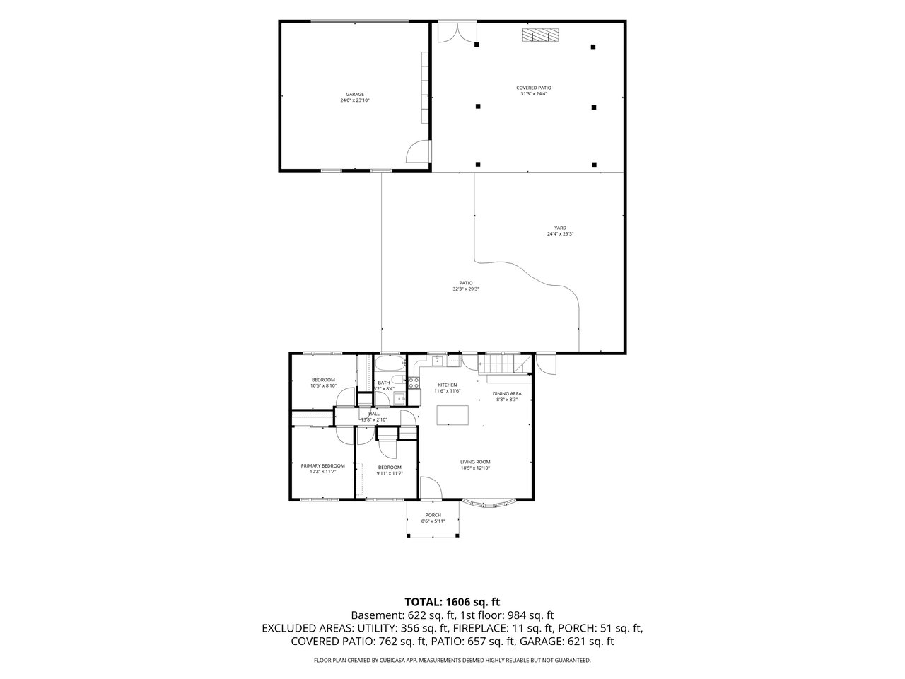 Main level floor plan with living room, kitchen, dining area and three bedrooms